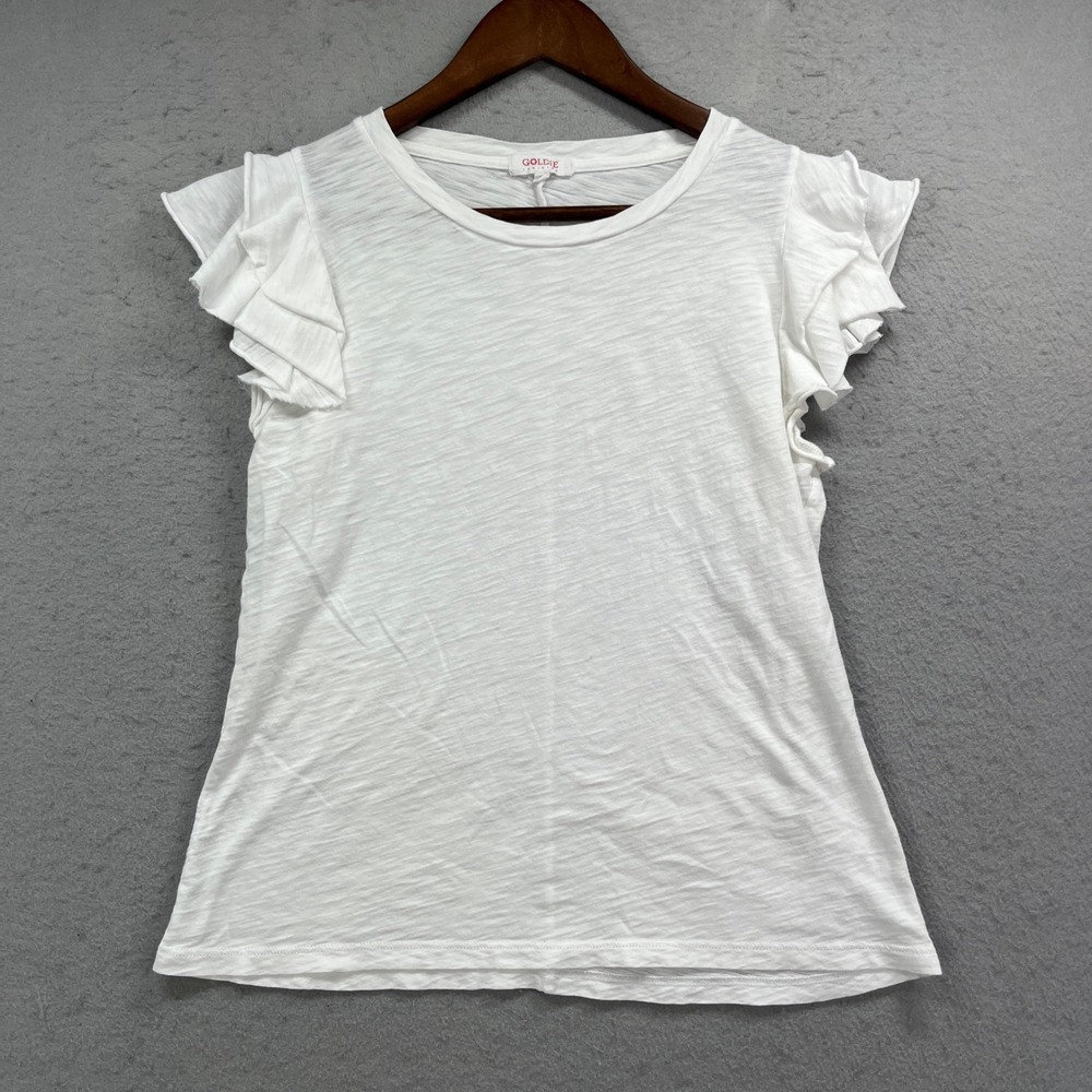 Goldie Lewinter Top Womens Medium White Ruffle Sleeve Pima Cotton Slub Tee